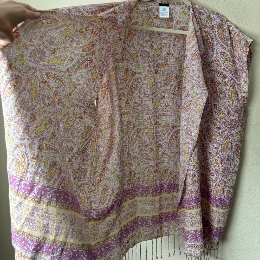 J. Crew Linen Blend Boho Paisley Printed Fringe Trim Beach Poncho Swim Cover Up